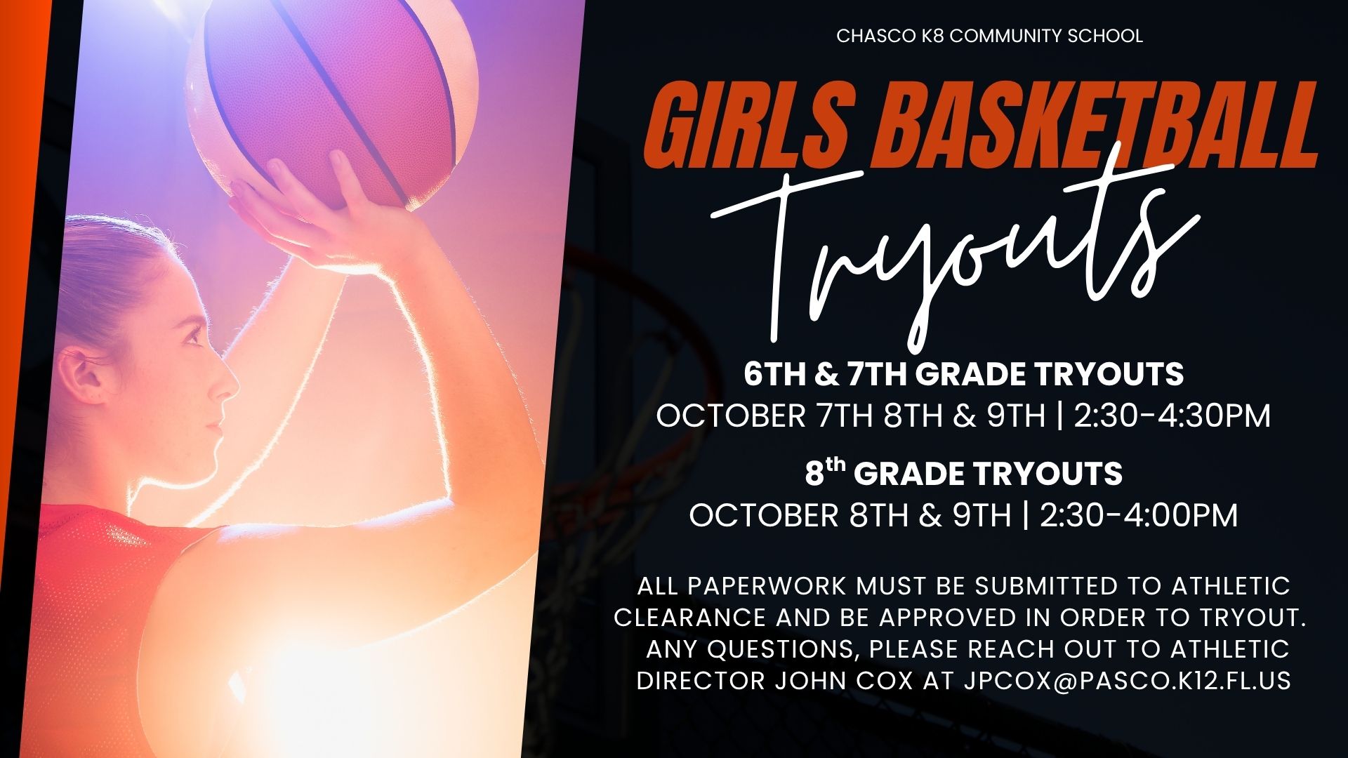 <p>Tryouts for girls Basketball is October 7th through 9th from 2:30 - 4:30pm</p>